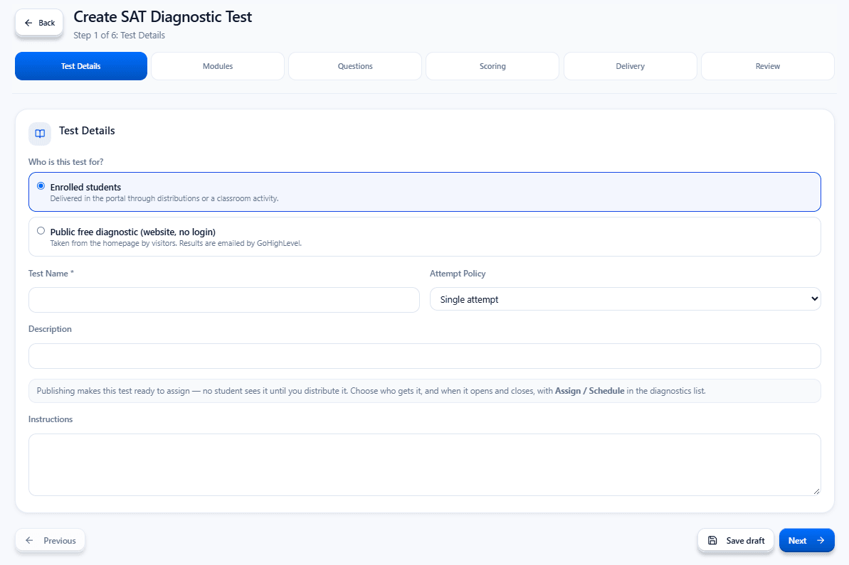Create SAT Diagnostic Test, step 1 of 6: test details, choosing enrolled students or a public free diagnostic