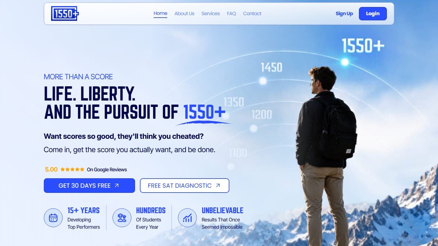 Home page of 1550+, with the headline Life. Liberty. And the pursuit of 1550+