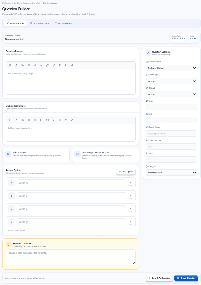Question Builder form with question prompt, answer options, explanation and question settings